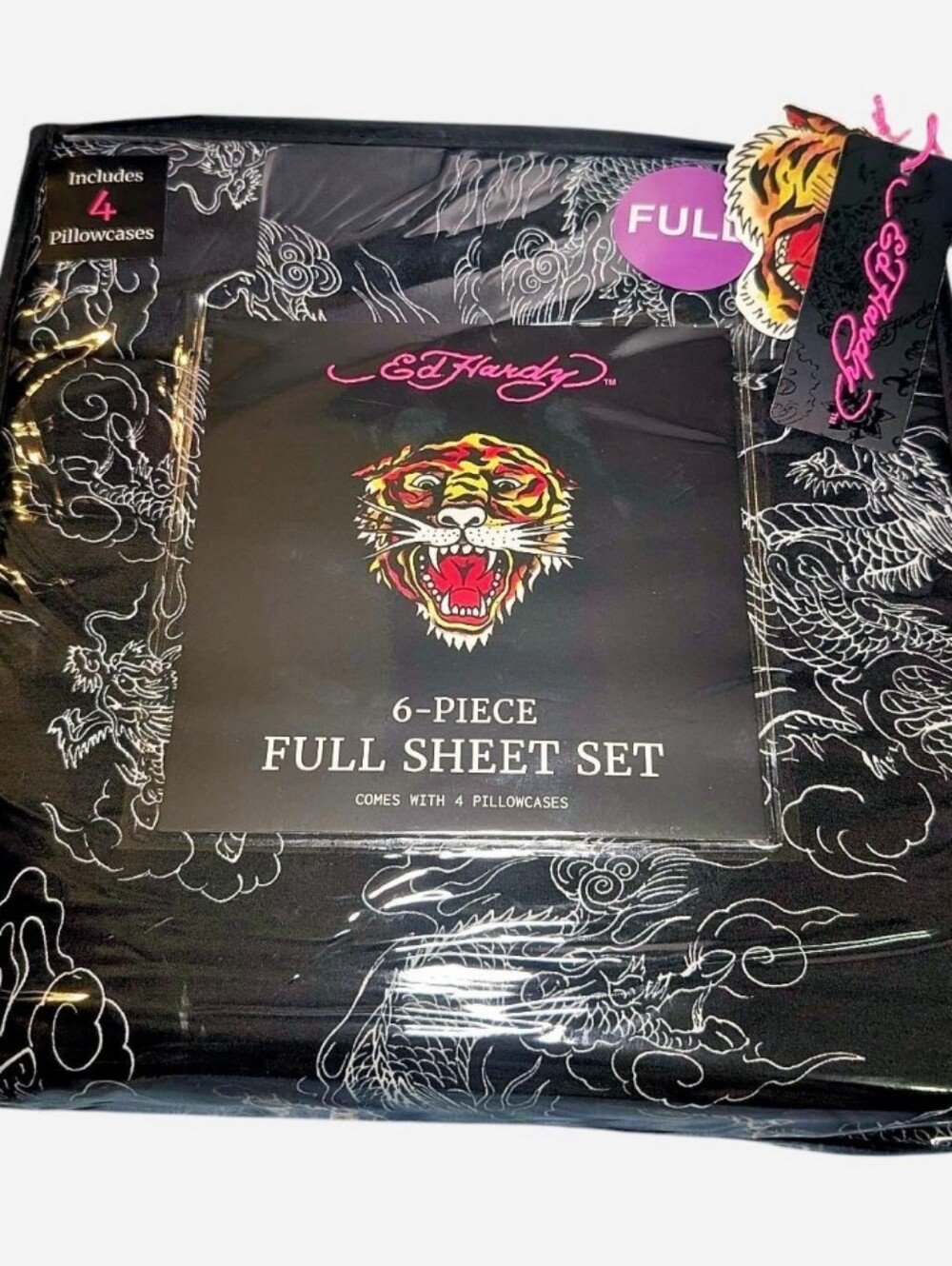 Ed Hardy Black Full Sheet Set - 6-Piece with Chinese Dragon Design